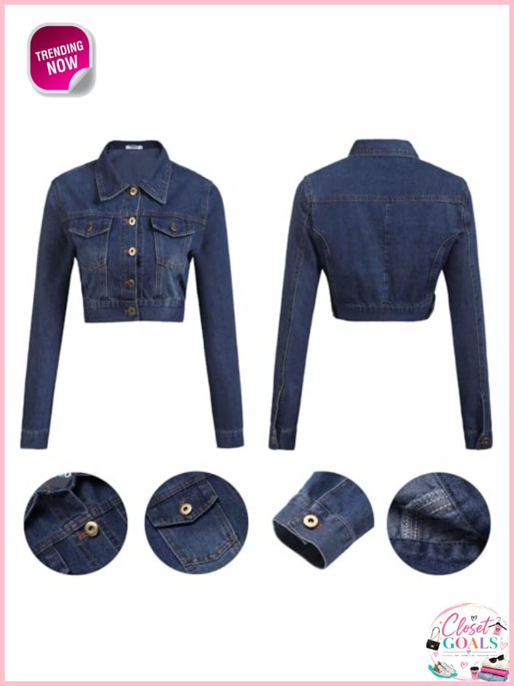 Women's 100% Cotton Button Down Cropped Denim Jean Jacket with Pockets - Picture 5 of 6